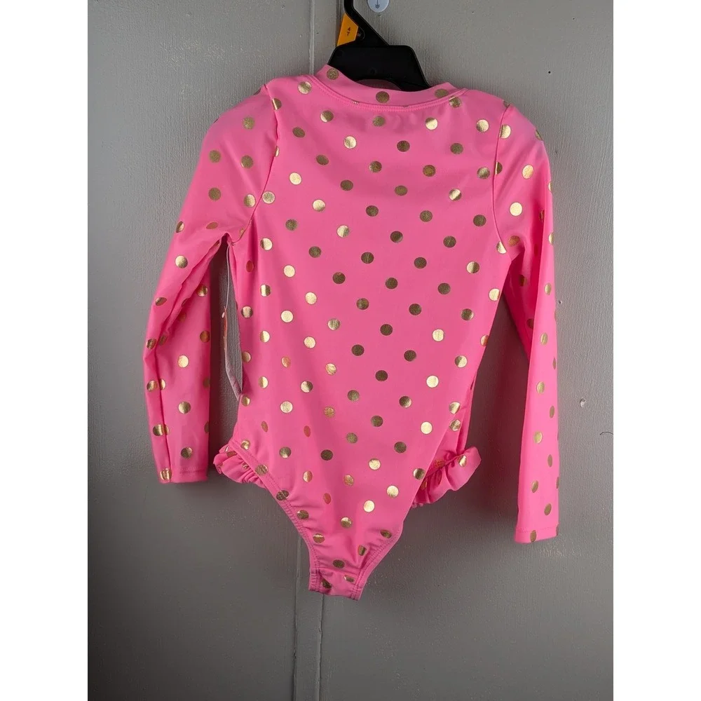 Wonder Nation Girls Pink Gold Foil Polka Dot Long Sleeve Rash Guard Swimsuit 3T